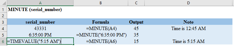 Excel MINUTE Examples