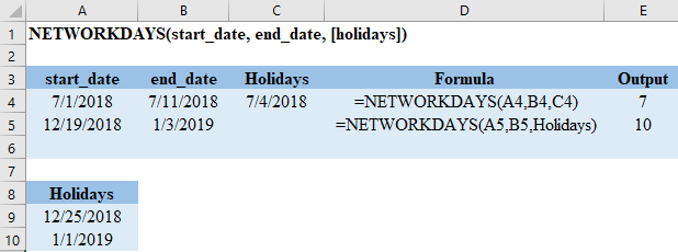 Excel NETWORKDAYS Holidays
