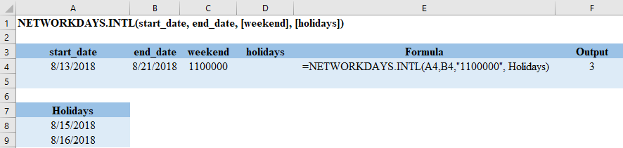 Excel NETWORKDAYS.INTL Holidays