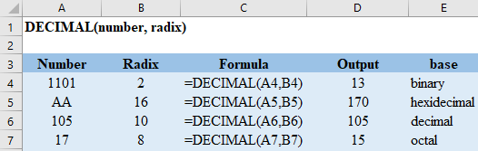 Excel DECIMAL Function
