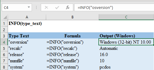 Excel INFO Function
