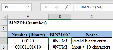 Excel BIN2DEC Error