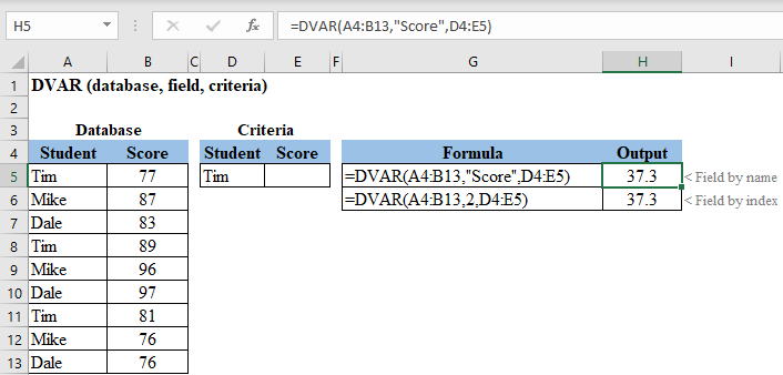 Excel DVAR Function